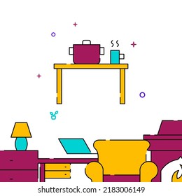 Dinner table filled line vector icon, simple illustration, related bottom border.