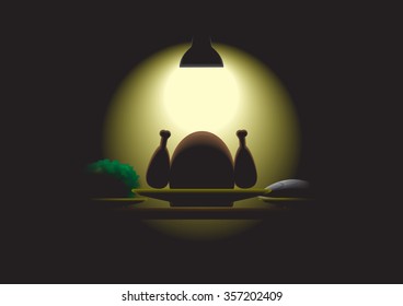 Dinner table full with foods under downlight in the dark room