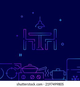 Dinner table gradient line vector icon, simple illustration on a dark blue background, kitchenware related bottom border.