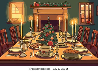 A dinner table has been set up for Christmas dinner vector illustration.