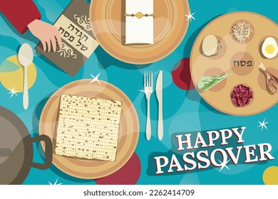 A dinner table is prepared especially for HAPPY PASSOVER - a traditional Jewish holiday also called the SPRING HOLIDAY. Caption in Hebrew: Pesach Hagada. Vector illustration in flat style.