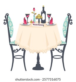 Dinner table at Restaurant. Vintage Table with tablecloth and chairs. Romantic dinner. Table for two with bottle of wine, rose, glasses, cutlery, napkins. Romantic setting. Vector flat illustration