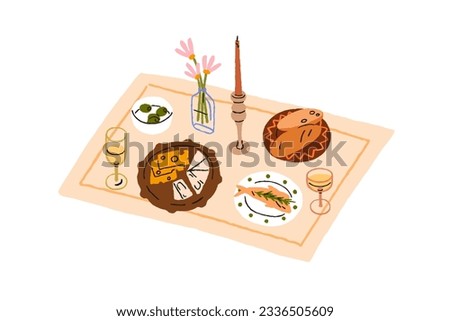 Dinner table served with dishes, food and drinks. Snacks, appetizers, starters and wineglasses. Alcohol beverages, cheese plate, bread, candle. Flat vector illustration isolated on white background