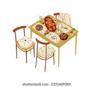 Dinner table served with holiday meal, seafood dishes. Festive sea food, shrimps snacks, lobster and alcohol drinks, beverages, champagne, plates. Flat vector illustration isolated on white background