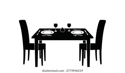 Dinner table setting with chairs black silhouette