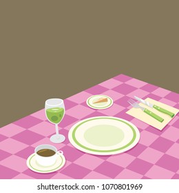 Dinner Table Setting With Plates, Spoons, Forks, Knives, A Cup Of Coffee And A Tablecloth Vector Illustration