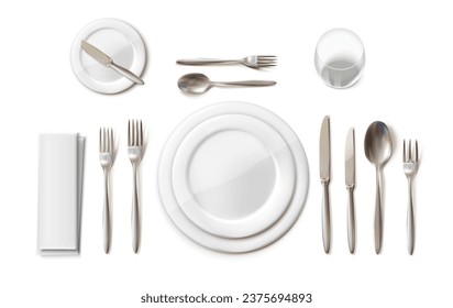 Dinner table setting set with cutlery, plates and glass. 3d realistic vector.