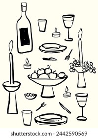 Ilustración vectorial de mesa de cena. Boceto de comida y bebidas. Arte dibujado a mano. Arte minimalista en línea. Doodle. Garabato