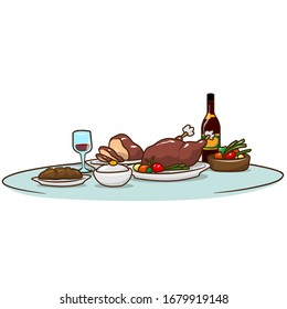 dinner table vectors, food vector, roasted chicken, wine, pickle.