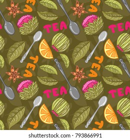 Dinner teatime seamless pattern - cartoon sweet tea background, vector drink wallpaper or design for wrapping paper, cartoon hand drawn style