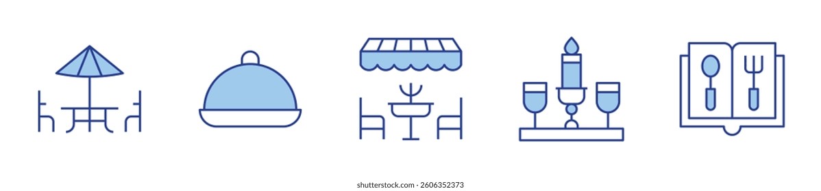 dinner, terrace, glasses, menu, food tray. Restaurant Icon vector illustration. Line Duotone style. Editable stroke.