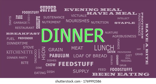 Dinner text presented in green color with multiple related words on purple background vector abstract background.