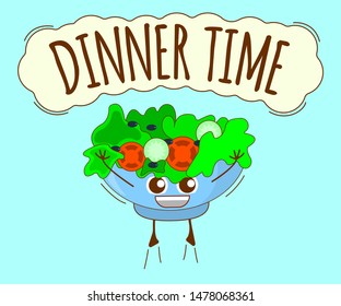 Dinner Time Banner, Green Bowl Icon. Cute Character, Concept Label. Cartoon Vector Illustration.