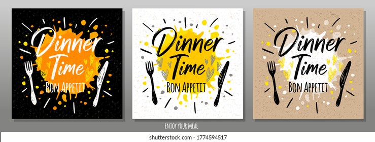 Dinner time Bon Appetit, enjoy your meal, quote, phrase, food poster, splash, fork, knife. Lettering, sketch doodle style. For menu, cafe, restaurant, lunch, breakfast, dinner. Vector illustration