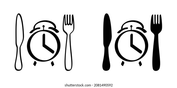 Dinner time or break. Plate, fork, knife icon. Alarmclock pictogram. Cartoon vector, food for lunch symbol. Wakeup clocks or clock rings. Grunge line watch icons. Bell or ring to eat sign.