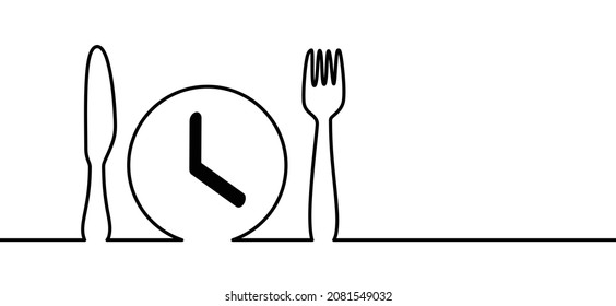Dinner time or break. Plate, fork, knife icon. Alarmclock pictogram. Cartoon vector, food for lunch symbol. Wakeup clocks or clock rings. Grunge line watch icons. Bell or ring to eat sign.
