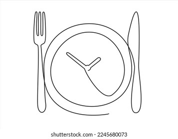 Hora de la cena, reloj. Dibujo de una línea de placa, tenedor, cuchillo. Símbolo de comida para bar, cafetería, hotel. Listo para comer comida saludable. Cartel del logotipo vectorial para la cena, el desayuno, el almuerzo y el menú. Obesidad