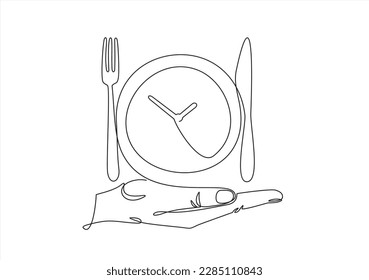 Dinner time  clock  One Line Drawing  hand holding Plate  fork  knife  Food symbol for bar  cafe  hotel  Ready to eat healthy food  Vector logo sign for dinner  breakfast  lunch meal menu service  
