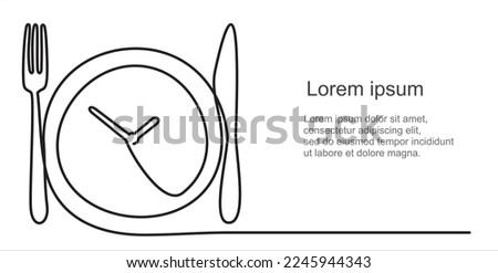 Dinner time, clock. One Line Drawing of Plate, fork, knife . Food symbol for bar, cafe, hotel. Ready to eat healthy food. Vector logo sign for dinner, breakfast, lunch meal menu service. Obesity