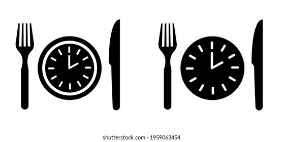 Dinner Time, Clock. Plate, Fork, Knife Icon. Food Symbol For Bar, Cafe, Hotel Concept. Eating Icon In Black. Ready To Eat Healthy Food. Vector Logo Sign For Dinner, Breakfast, Lunch Meal Menu Service