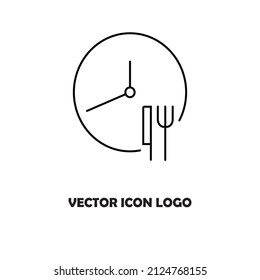 Dinner Time, Clock. Plate, Fork, Knife Icon. Food Symbol For Bar, Cafe, Hotel Concept. Eating Icon In Black. Ready To Eat Healthy Food. Vector Logo Sign For Dinner, Breakfast, Lunch Meal Menu Service
