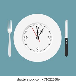 Dinner time. Cutlery. Clock. Vector illustration.