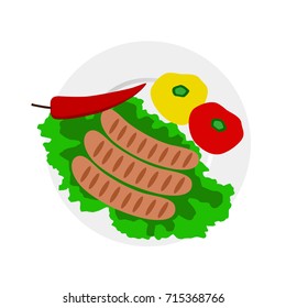 Dinner time. Dish. From above. Sausages. Vector illustration