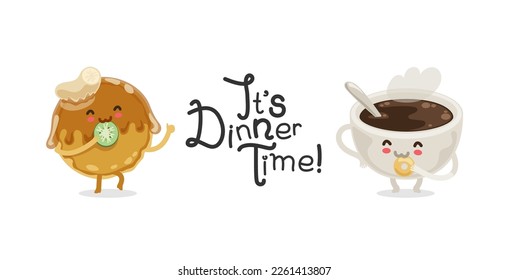 Dinner Time Doodle Lettering with Pancake and Cocoa Mug Cartoon Characters. Vector clipart for food project.