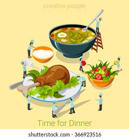 Dinner Time Flat 3d Isometry Isometric Food Cafe Restaurant Bistro Eatery Concept Web Vector Illustration. Micro Cooks Serving Meal Soup Salad Chicken Leg. Creative People Collection.