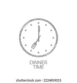 Dinner Time Grey Sketch Vector Icon Clock, Fork, Knife For Eating Time