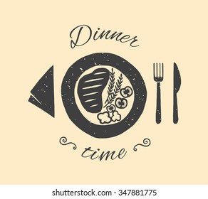 Dinner time illustration.Fried steak with vegetables on the plate.