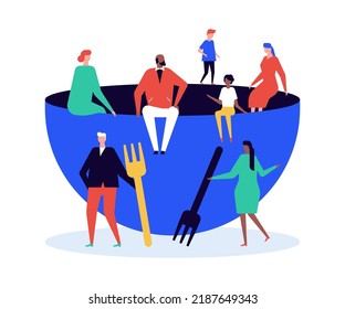 Dinner time - modern colorful flat design style illustration on white background. A scene with large empty bowl for food around which people of different nationalities have gathered. Hunger idea