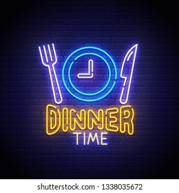 Dinner Time neon sign, bright signboard, light banner. Dinner logo neon, emblem. Vector illustration