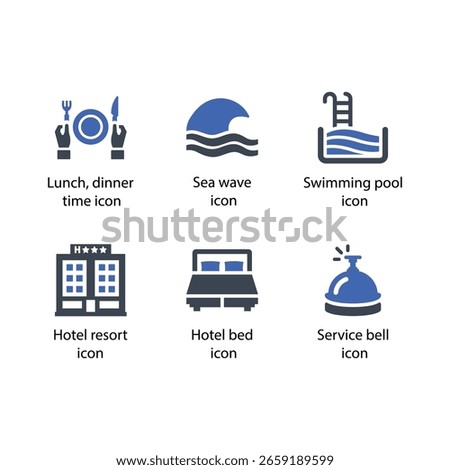 Dinner time, Sea wave, Swimming pool, Hotel resort, Hotel bed, Service bell, icon