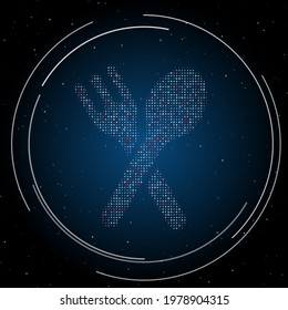 El símbolo de la hora de la cena está lleno de puntos blancos. Estilo de puntillismo. Algunos puntos son rojos. Ilustración vectorial sobre fondo azul con estrellas