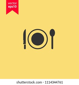 Dinner vector icon. Plate, spoon, knife icon. Banquet icon. Breakfast icon. Restaurant sign. Yellow background. EPS 10 vector sign.