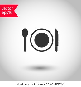 Dinner vector icon. Plate, spoon, knife icon. Banquet icon. Breakfast icon. Restaurant sign. Studio background. EPS 10 vector sign.