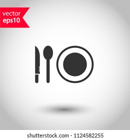 Dinner vector icon. Plate, spoon, knife icon. Banquet icon. Breakfast icon. Restaurant sign. Studio background. EPS 10 vector sign.