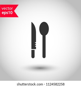 Dinner vector icon. Plate, spoon, knife icon. Banquet icon. Breakfast icon. Restaurant sign. Studio background. EPS 10 vector sign.