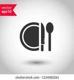 Dinner vector icon. Plate, spoon, knife icon. Banquet icon. Breakfast icon. Restaurant sign. Studio background. EPS 10 vector sign.