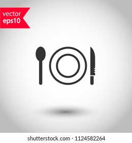 Dinner vector icon. Plate, spoon, knife icon. Banquet icon. Breakfast icon. Restaurant sign. Studio background. EPS 10 vector sign.