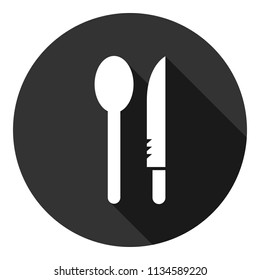 Dinner vector icon. Plate, spoon, knife icon. Banquet icon. Breakfast icon. Restaurant sign. Gray background with shadow. Vector flat sign.