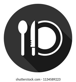 Dinner vector icon. Plate, spoon, knife icon. Banquet icon. Breakfast icon. Restaurant sign. Gray background with shadow. Vector flat sign.