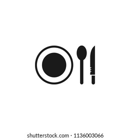 Dinner vector icon. Plate, spoon, knife icon. Banquet icon. Breakfast icon. Restaurant sign. Vector flat sign.