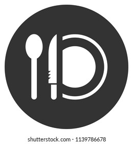Dinner vector icon. Plate, spoon, knife icon. Banquet icon. Breakfast icon. Restaurant sign. Gray background. Vector flat sign.