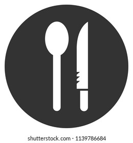 Dinner vector icon. Plate, spoon, knife icon. Banquet icon. Breakfast icon. Restaurant sign. Gray background. Vector flat sign.