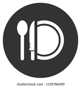 Dinner vector icon. Plate, spoon, knife icon. Banquet icon. Breakfast icon. Restaurant sign. Gray background. Vector flat sign.