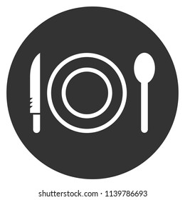 Dinner vector icon. Plate, spoon, knife icon. Banquet icon. Breakfast icon. Restaurant sign. Gray background. Vector flat sign.