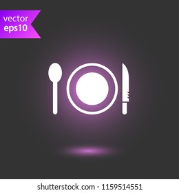 Dinner vector icon. Plate, spoon, knife icon. Banquet icon. Breakfast icon. Restaurant sign. EPS 10 flat symbol