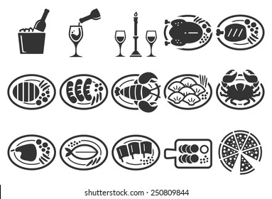 Dinner vector illustration icon set. Included the icons as food, romantic, seafood,  plate, meal, celebrate and more.